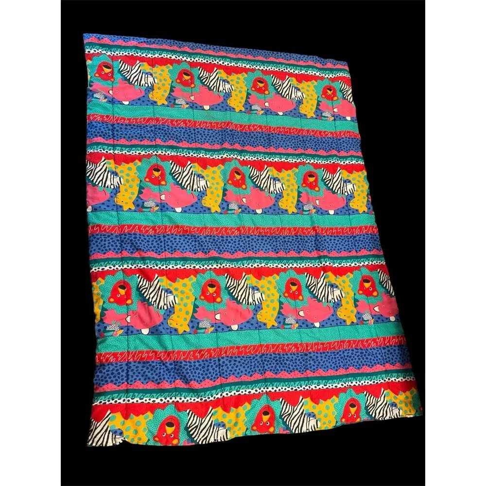Twin Vintage 80's Quilt Comforter Zoo Safari Circus Animal Elephant Monkey 88x62